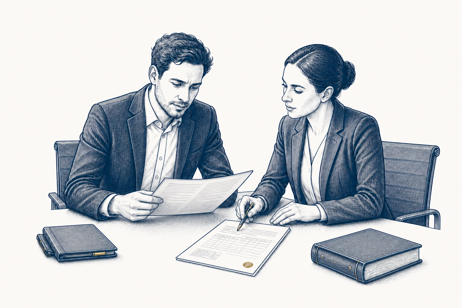 Ein Mann und eine Frau vergleichen ein Schreiben mit den Unterlagen auf dem Tisch.