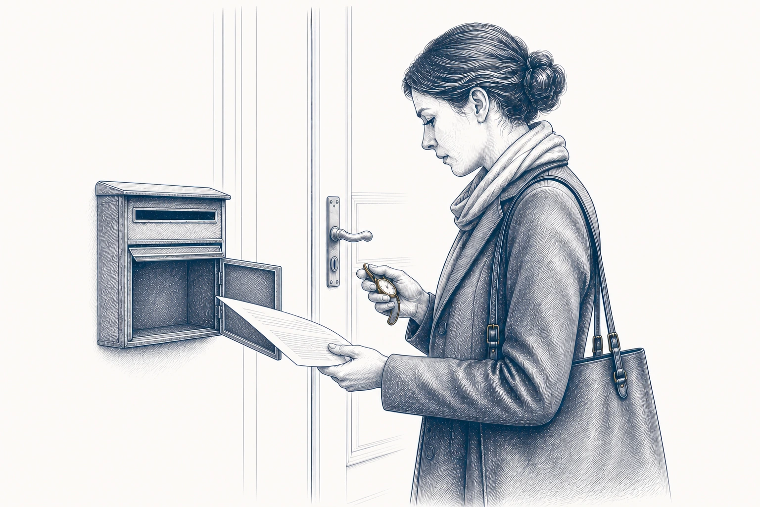 Eine Frau hält einen Brief vor einem geöffneten Briefkasten und einen Schlüssel in der anderen Hand.