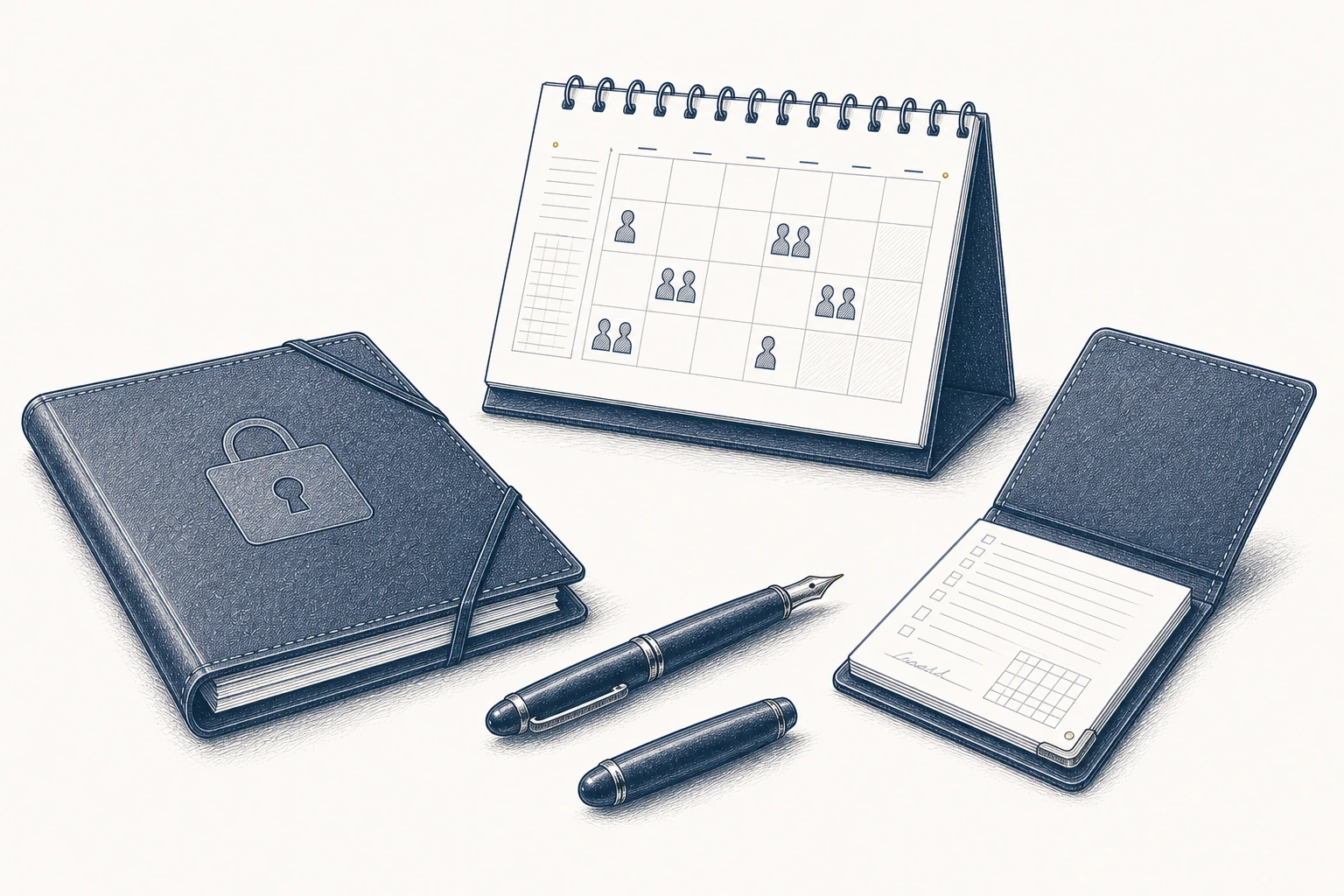 Ein Kalender mit Personensymbolen neben einer Mappe mit Schlosssymbol und einem Notizbuch. Ein Kalender mit Personensymbolen neben einer Mappe mit Schlosssymbol und einem Notizbuch.