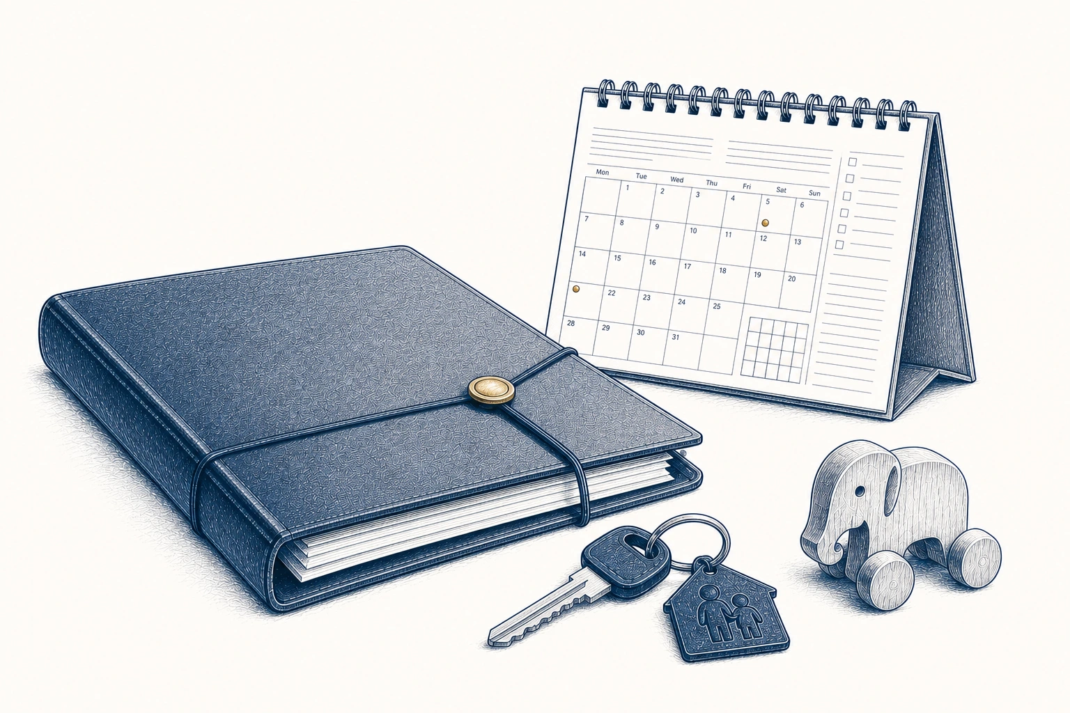 Eine Vertragsmappe, ein Schlüsselbund und ein Kalender neben einem Spielzeugelefanten.