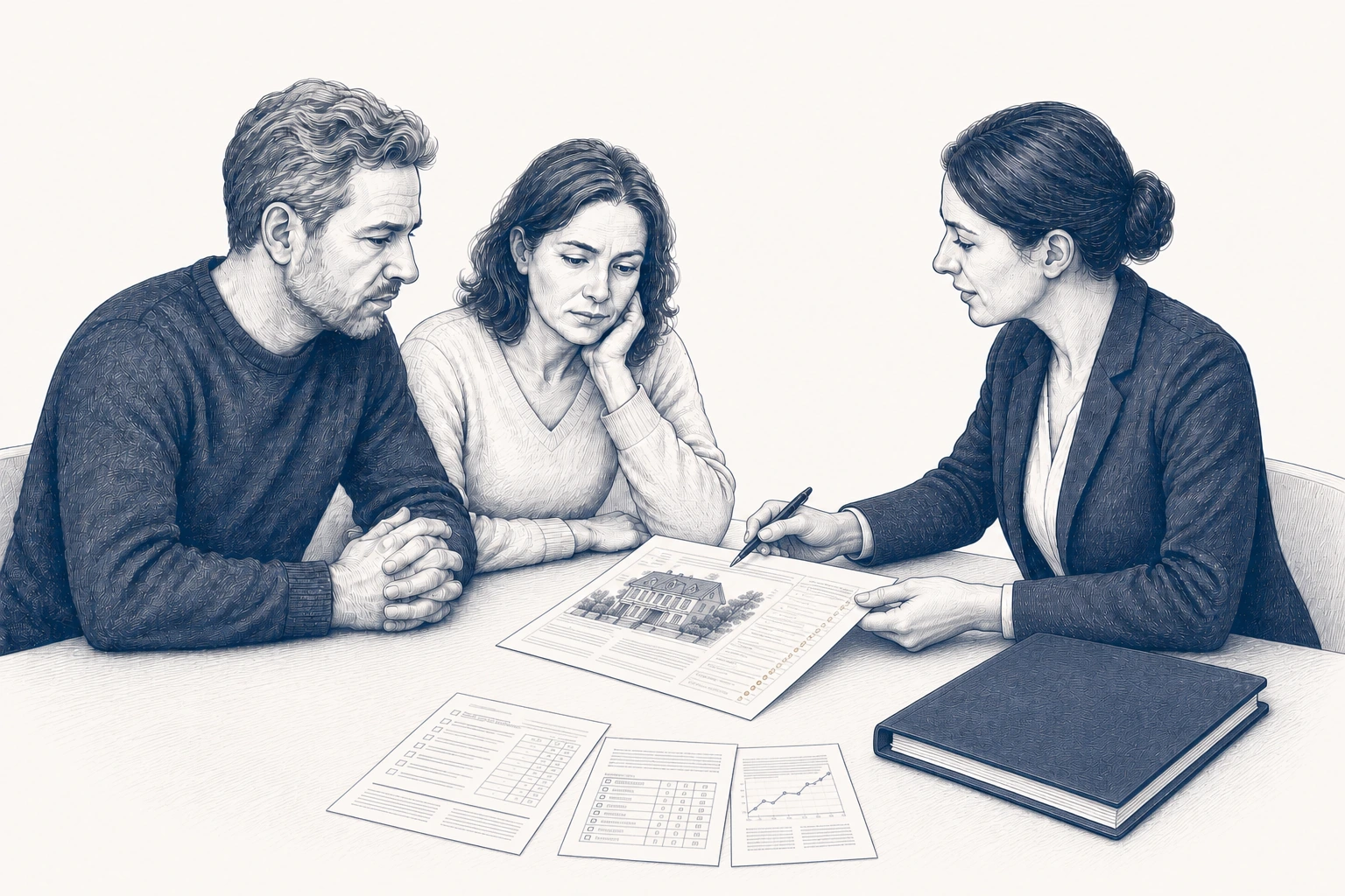 Drei Personen besprechen Unterlagen mit einer Gebäudeabbildung.
