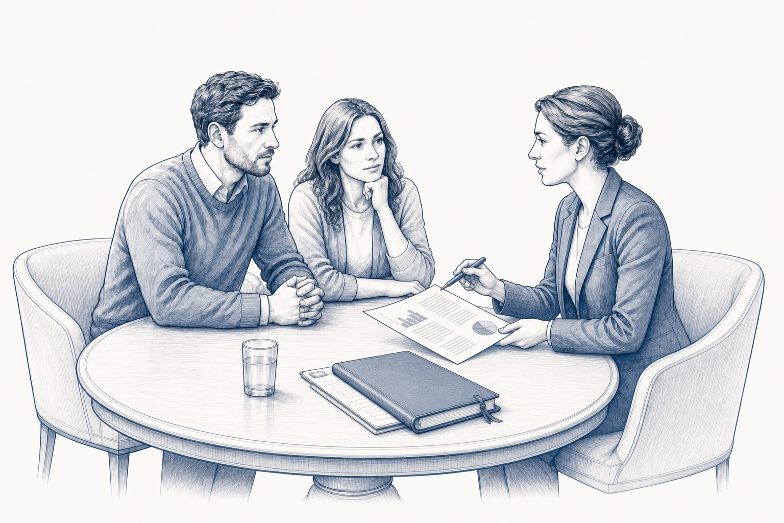 Drei Personen besprechen Unterlagen in einer Sitzecke.