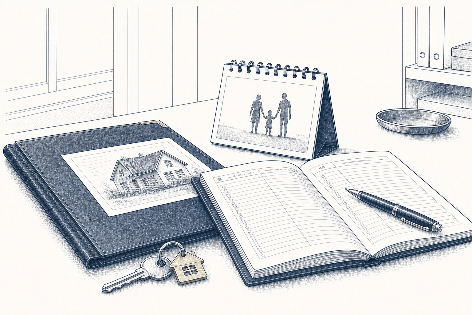 Eine Gebäudeabbildung, ein Schlüsselbund und ein Kalender mit Familiensymbolen neben einer geöffneten Mappe.