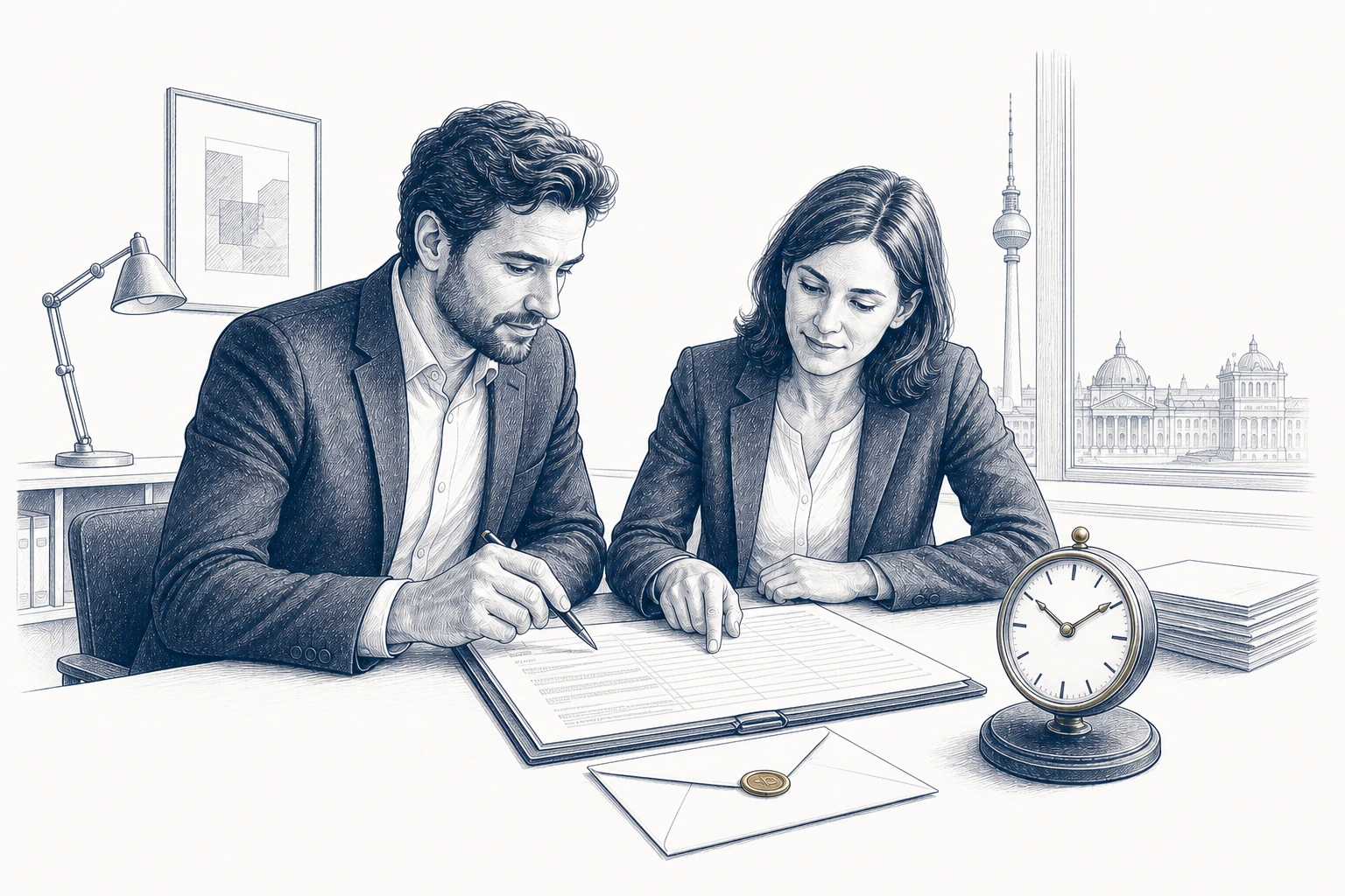 Zwei Personen besprechen Aufzeichnungen zur Arbeitszeit; neben ihnen steht eine Uhr.