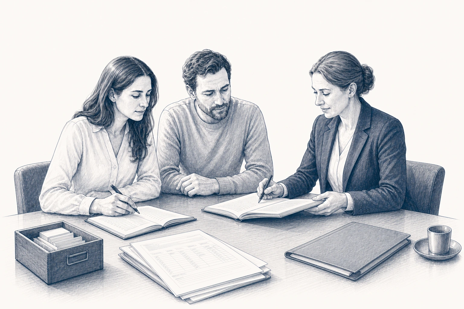 Drei Personen vergleichen mehrere Mappen und lose Unterlagen am Tisch. Drei Personen vergleichen mehrere Mappen und lose Unterlagen am Tisch.