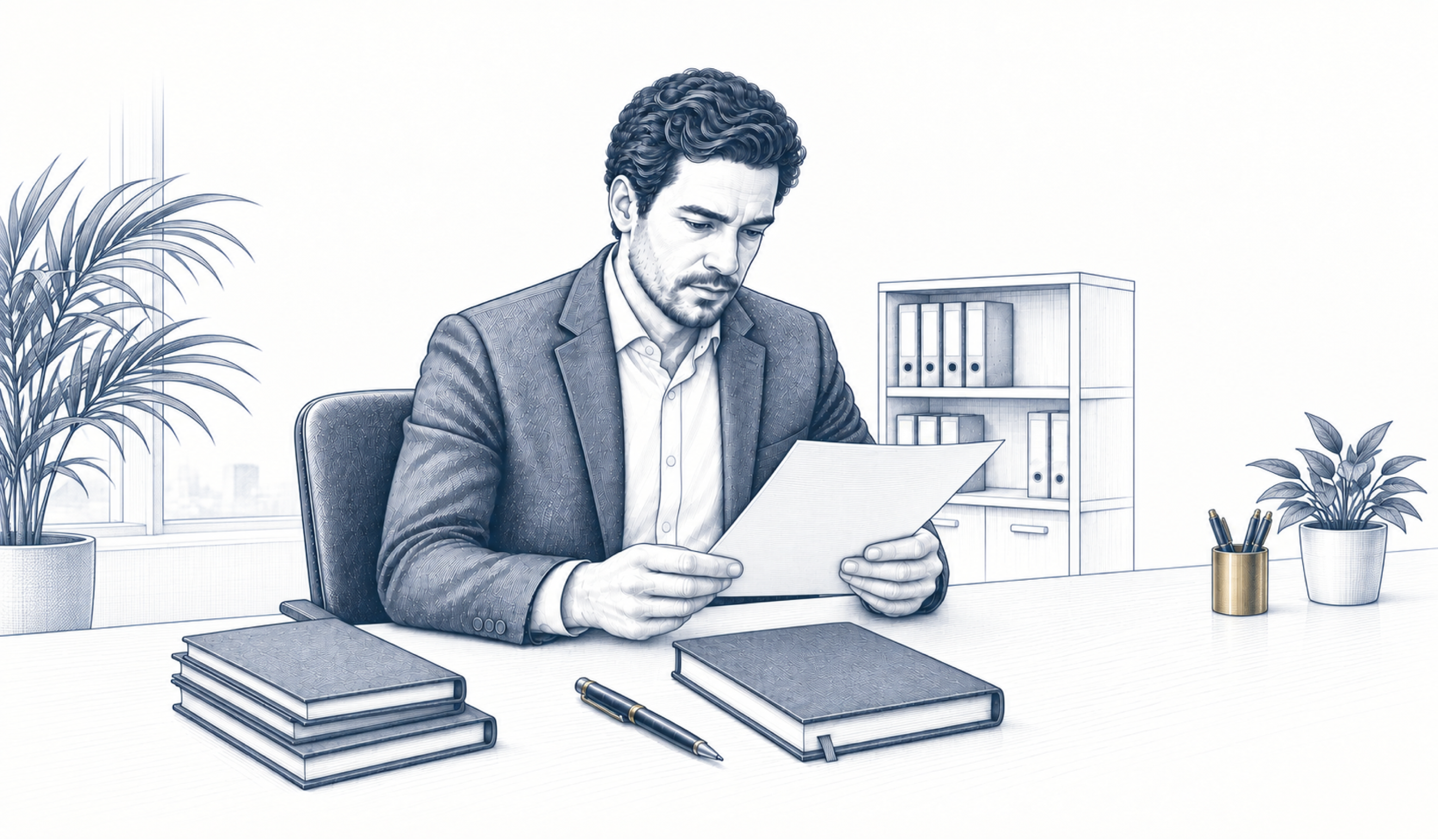 Ein Mann liest ein Schreiben am Schreibtisch; vor ihm liegen Unterlagen und ein Stift.