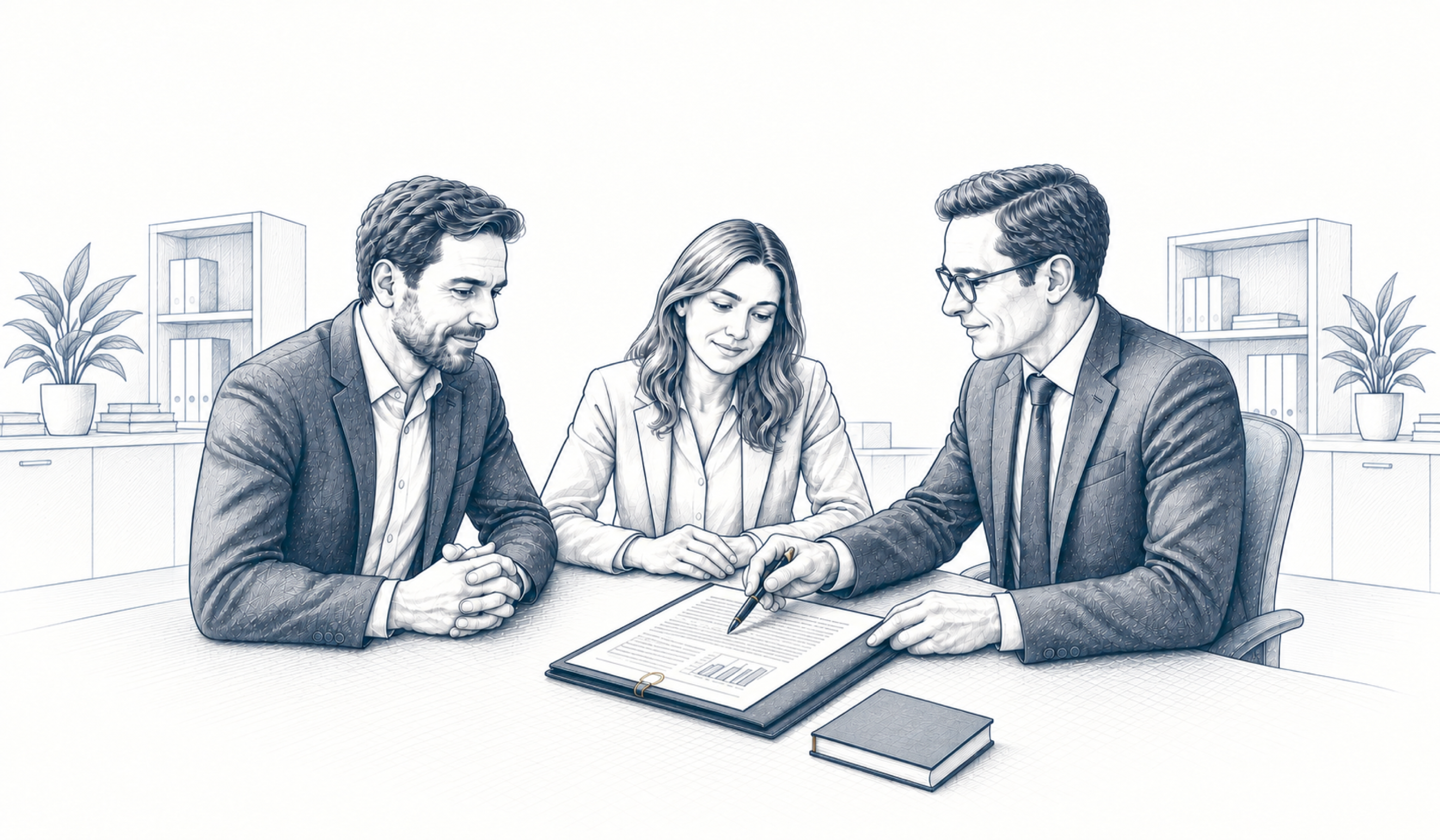 Drei Personen besprechen einen Vertragsentwurf in einer geöffneten Mappe. Drei Personen besprechen einen Vertragsentwurf in einer geöffneten Mappe.