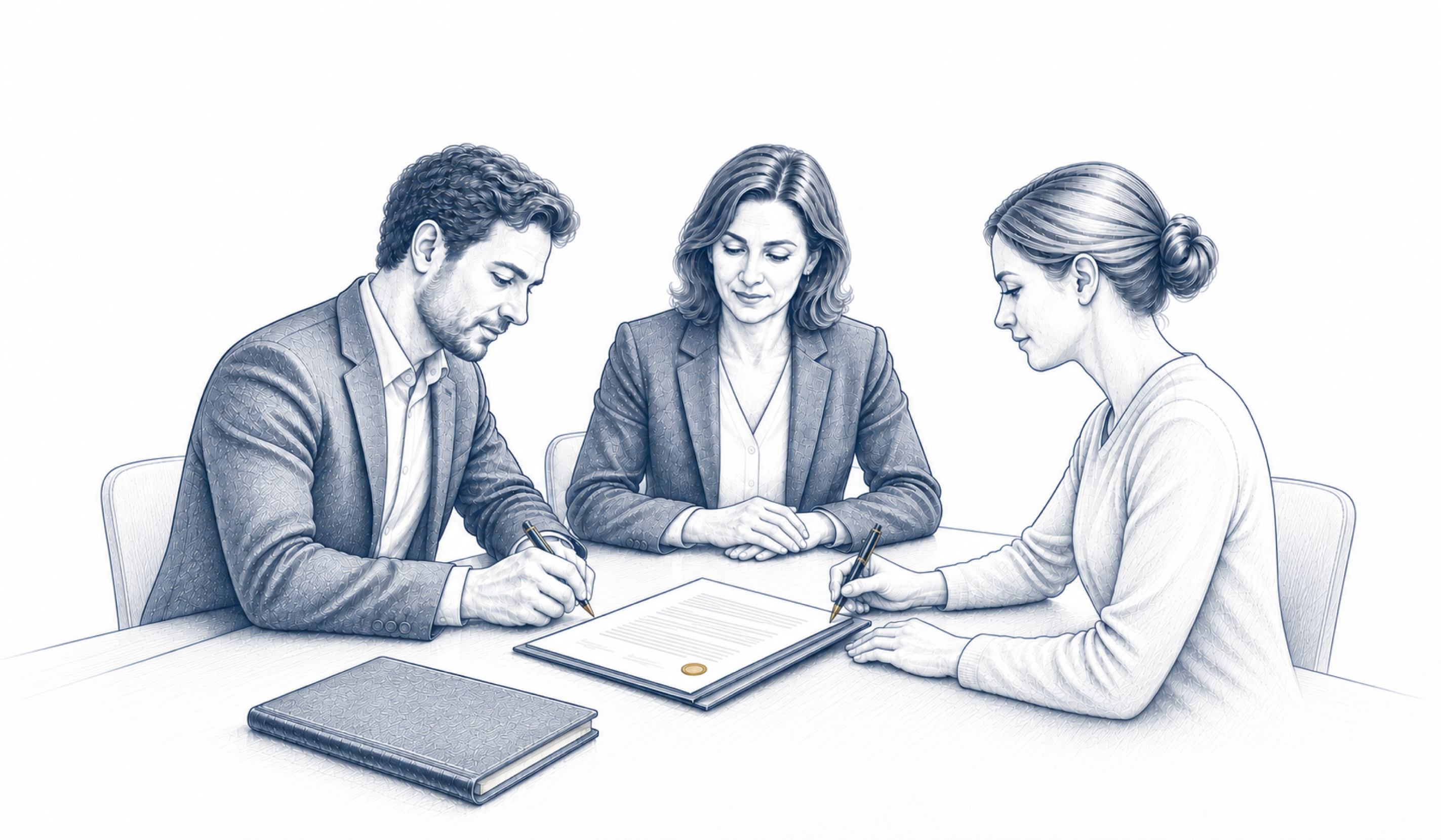 Drei Personen besprechen eine Vereinbarung am Tisch.