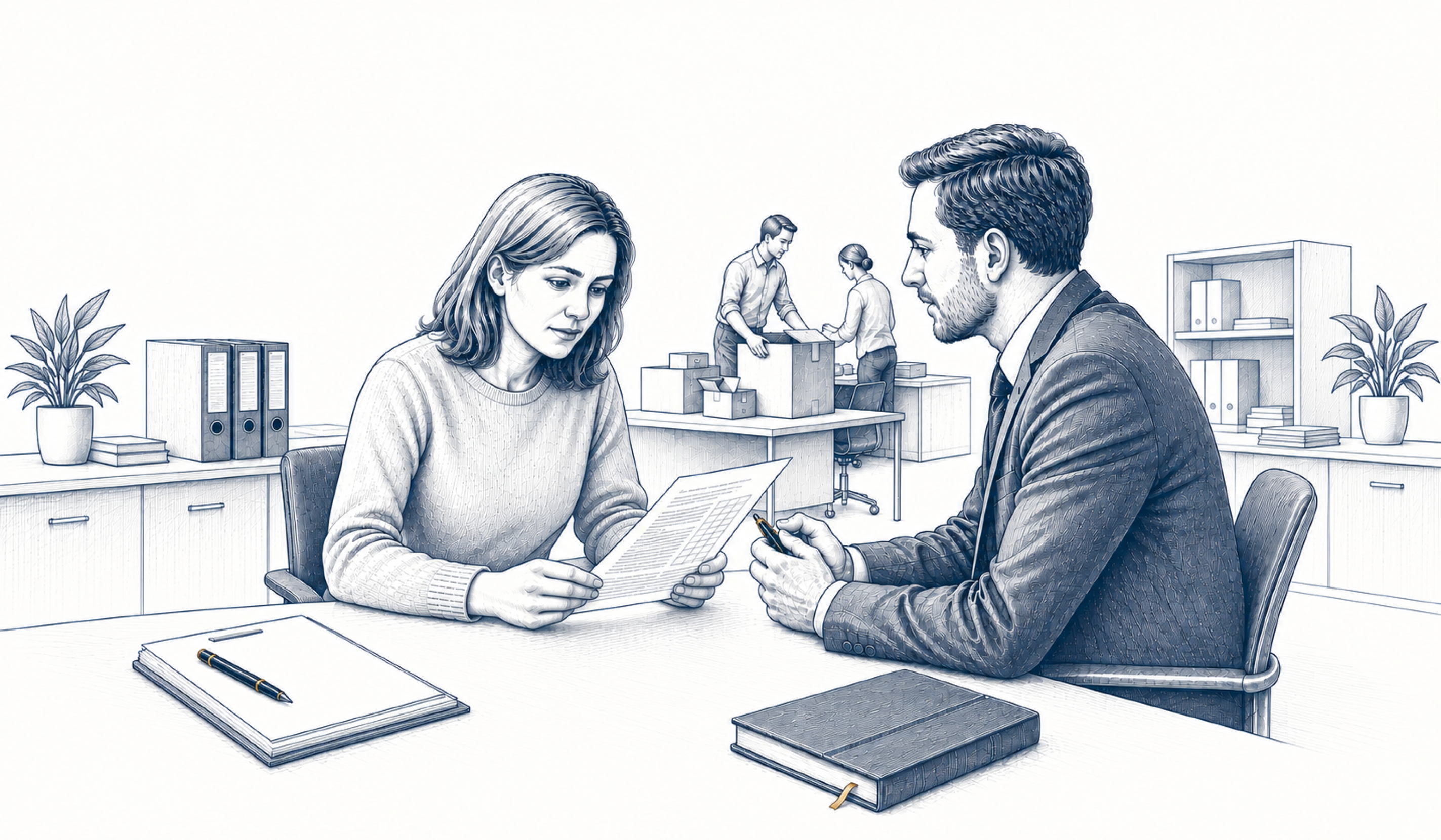 Zwei Personen besprechen ein Schreiben im Büro; im Hintergrund stehen Umzugskartons. Zwei Personen besprechen ein Schreiben im Büro; im Hintergrund stehen Umzugskartons.