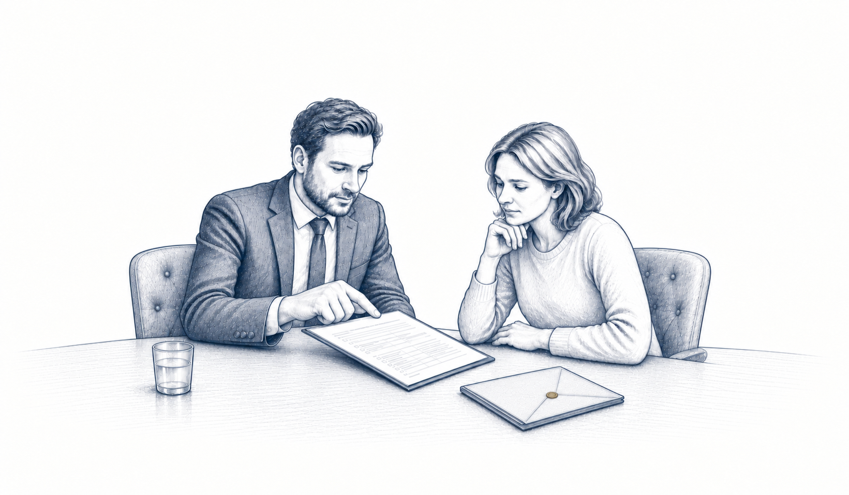 Zwei Personen besprechen einen Vertragsentwurf; ein Mann zeigt auf eine Textstelle. Zwei Personen besprechen einen Vertragsentwurf; ein Mann zeigt auf eine Textstelle.