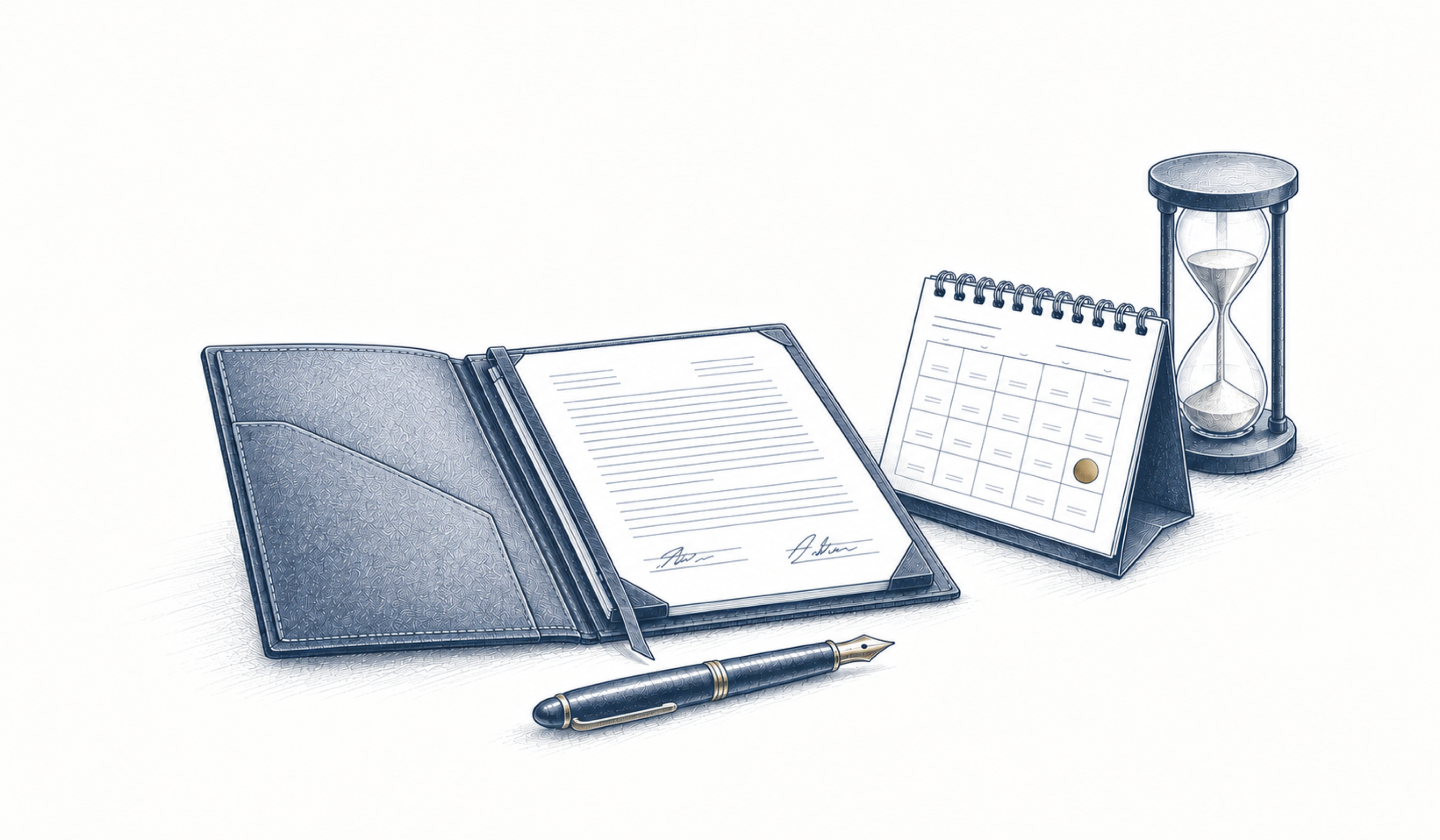 Ein Arbeitsvertrag liegt neben einem Kalender und einer Sanduhr. Ein Arbeitsvertrag liegt neben einem Kalender und einer Sanduhr.