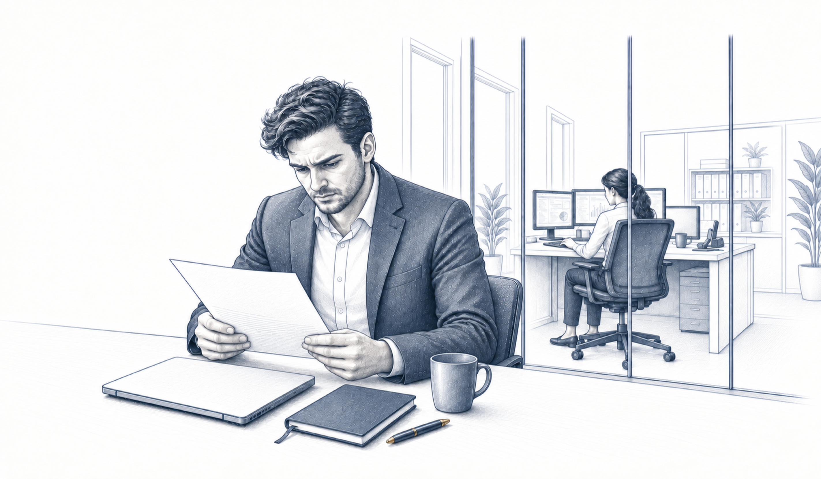 Ein Mann liest ein Schreiben an seinem Arbeitsplatz; im Hintergrund sitzt eine weitere Person im Büro. Ein Mann liest ein Schreiben an seinem Arbeitsplatz; im Hintergrund sitzt eine weitere Person im Büro.