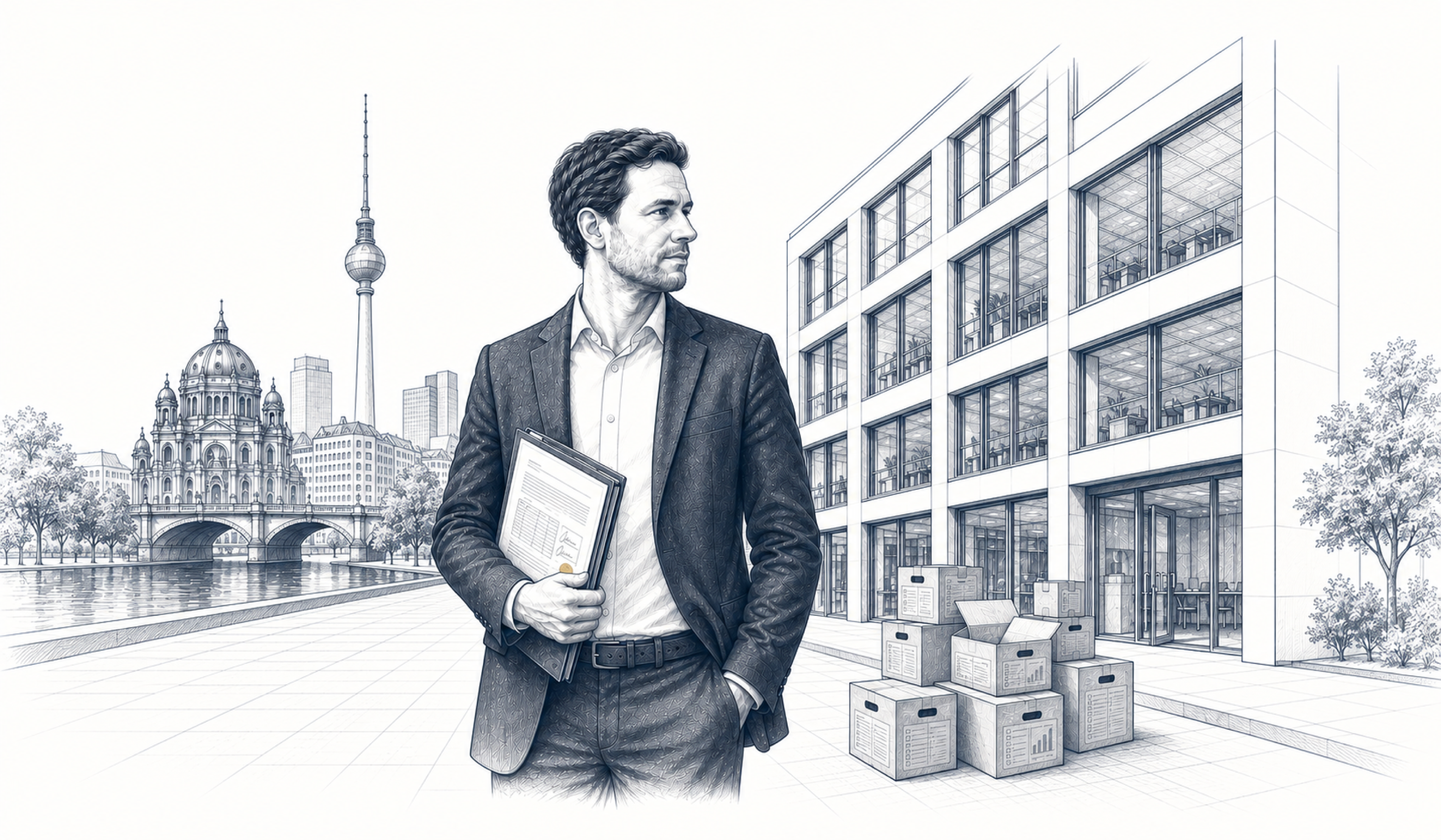 Ein Mann hält Unterlagen vor einem Bürogebäude; neben dem Eingang stehen Umzugskartons. Ein Mann hält Unterlagen vor einem Bürogebäude; neben dem Eingang stehen Umzugskartons.