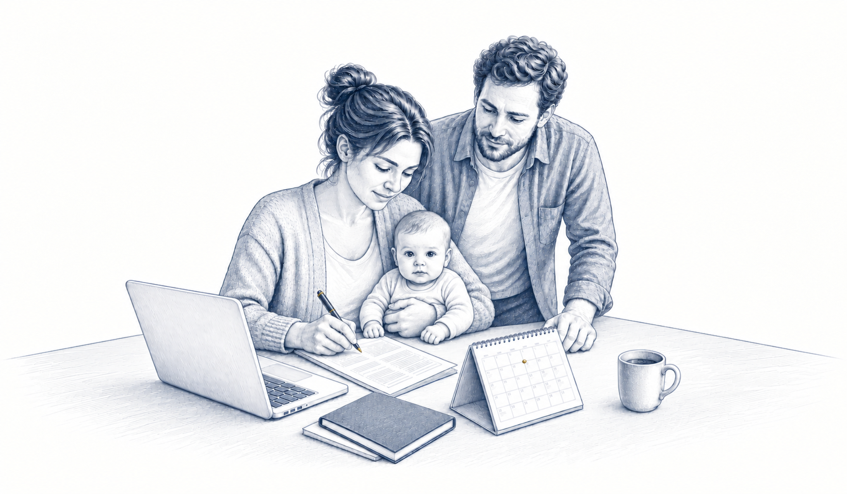 Zwei Erwachsene sitzen mit einem Baby vor Laptop, Unterlagen und Kalender. Zwei Erwachsene sitzen mit einem Baby vor Laptop, Unterlagen und Kalender.