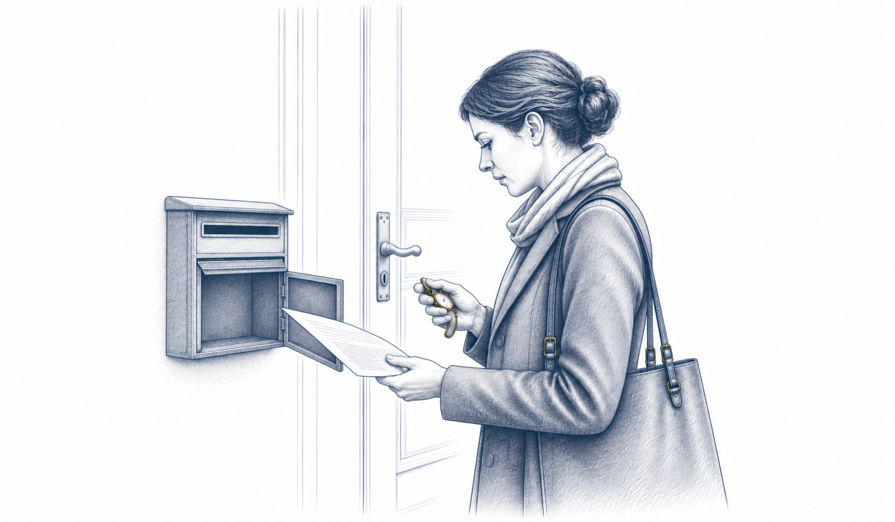 Eine Frau hält einen Brief vor einem geöffneten Briefkasten und einen Schlüssel in der anderen Hand.