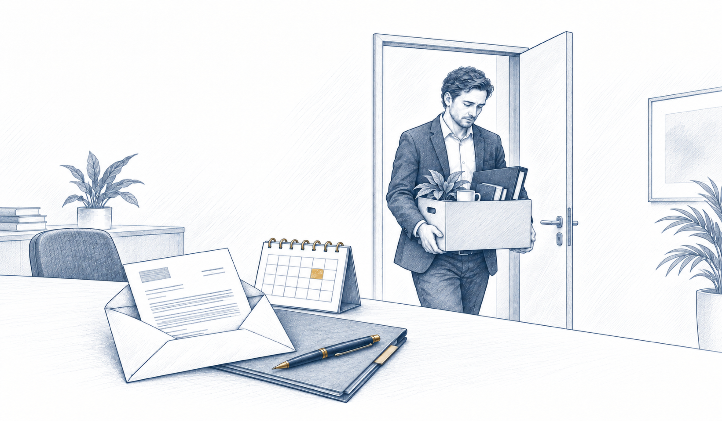 Ein Mann verlässt das Büro mit einem Karton persönlicher Gegenstände; auf dem Tisch liegen ein Schreiben und ein Kalender.