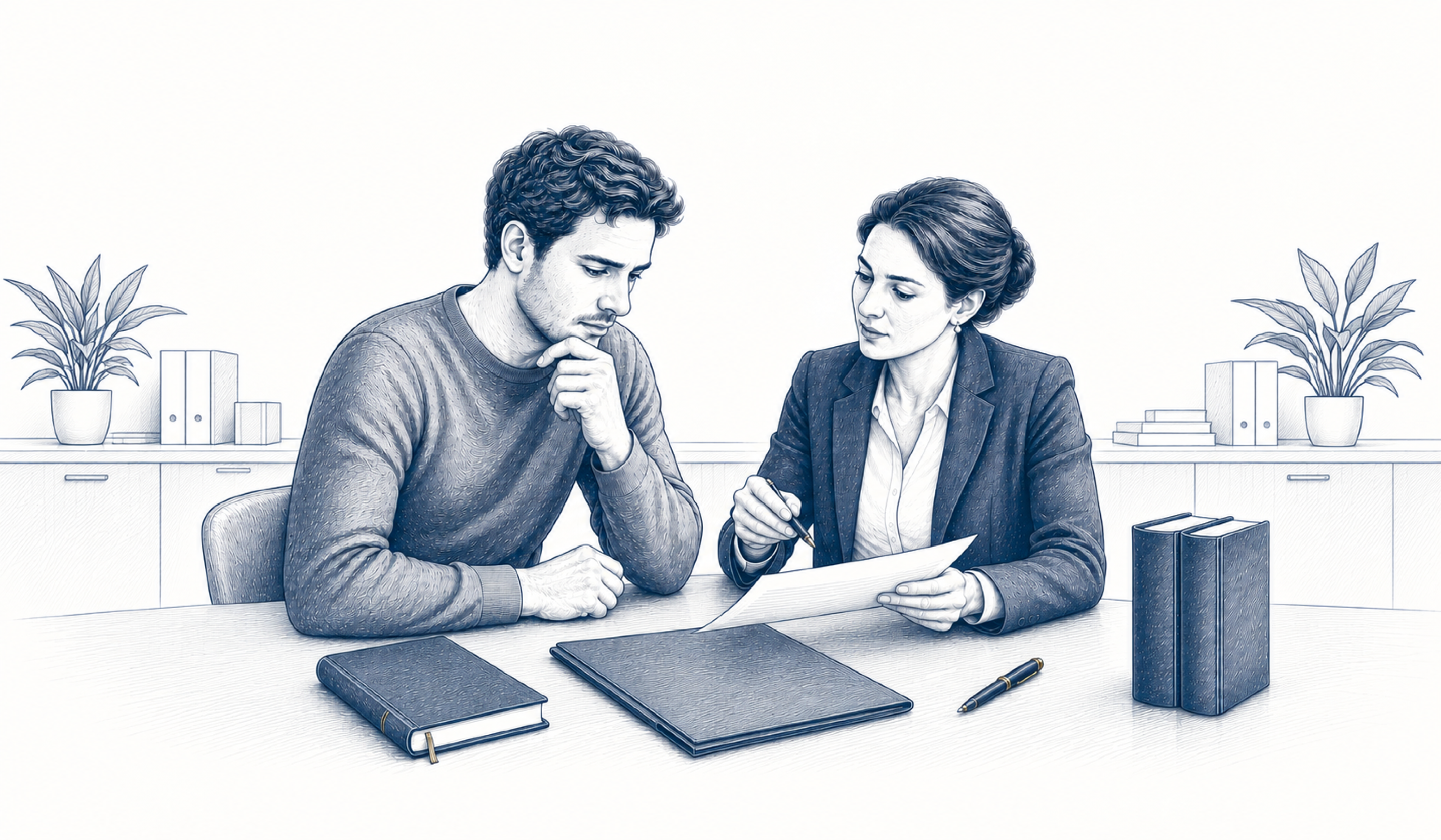 Eine Frau erläutert einem Mann ein Schreiben am Besprechungstisch. Eine Frau erläutert einem Mann ein Schreiben am Besprechungstisch.