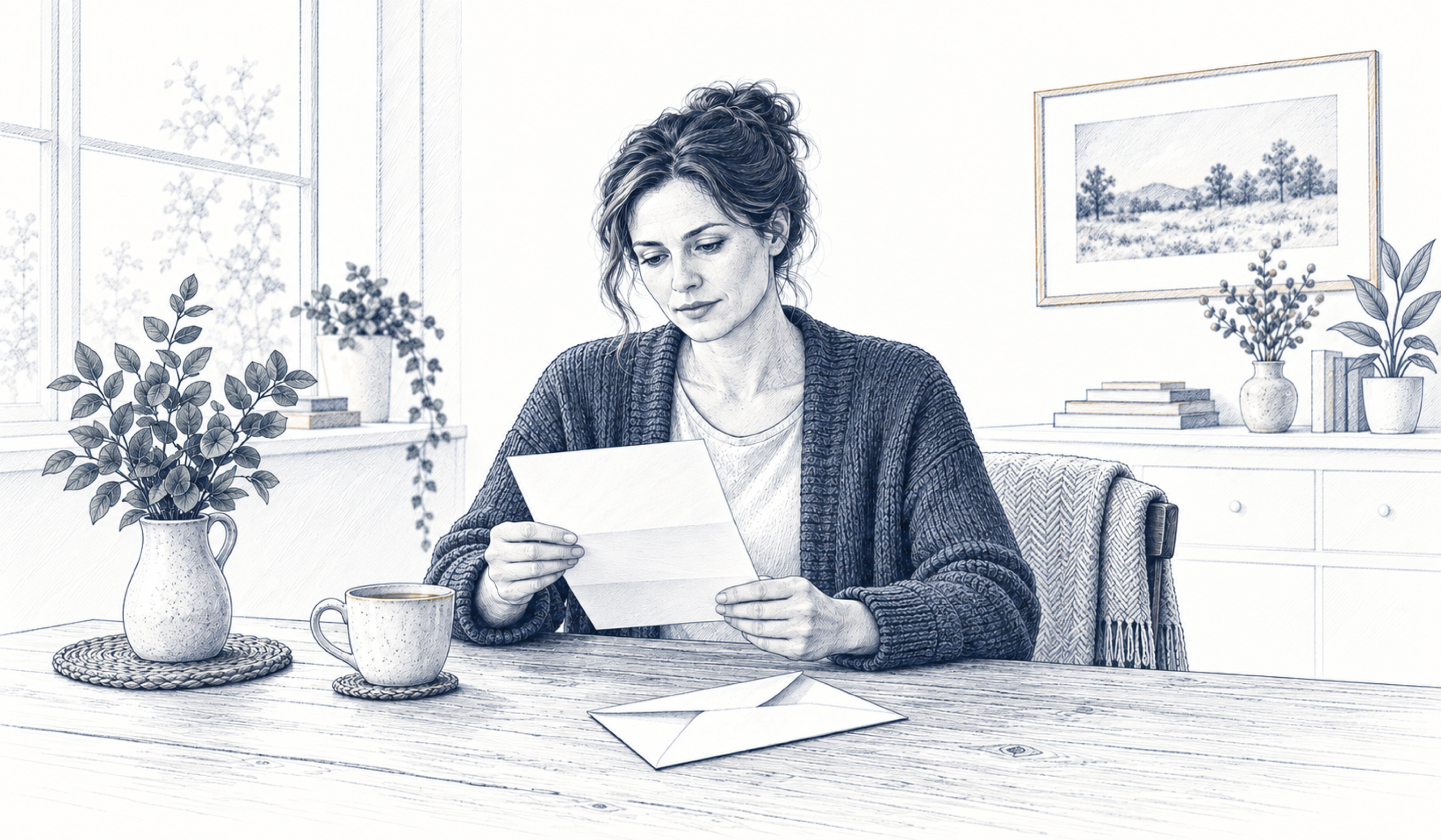 Eine Frau im Strickpullover liest zu Hause einen Brief; vor ihr stehen eine Tasse und ein geöffneter Umschlag.