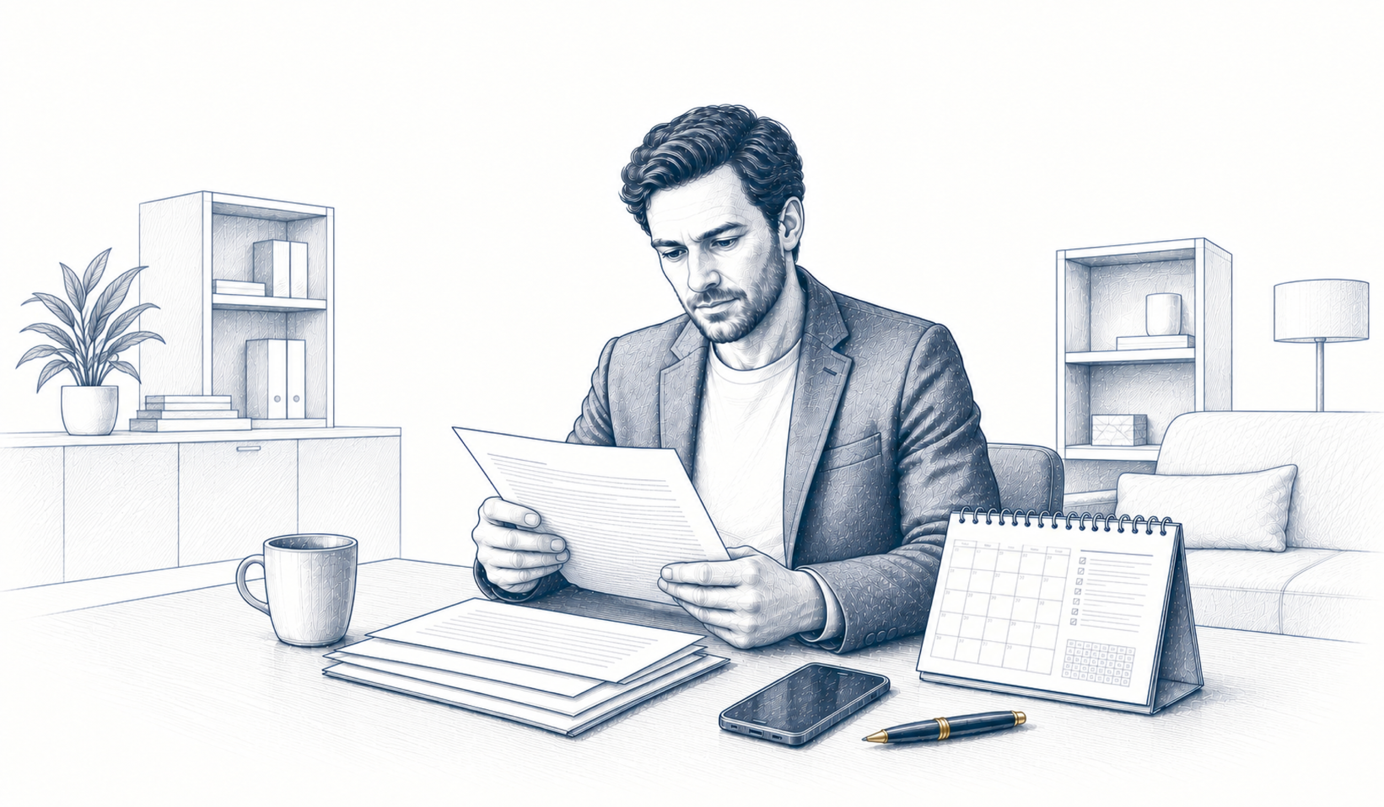 Ein Mann liest einen Brief am Schreibtisch; daneben liegen Unterlagen und ein Kalender. Ein Mann liest einen Brief am Schreibtisch; daneben liegen Unterlagen und ein Kalender.