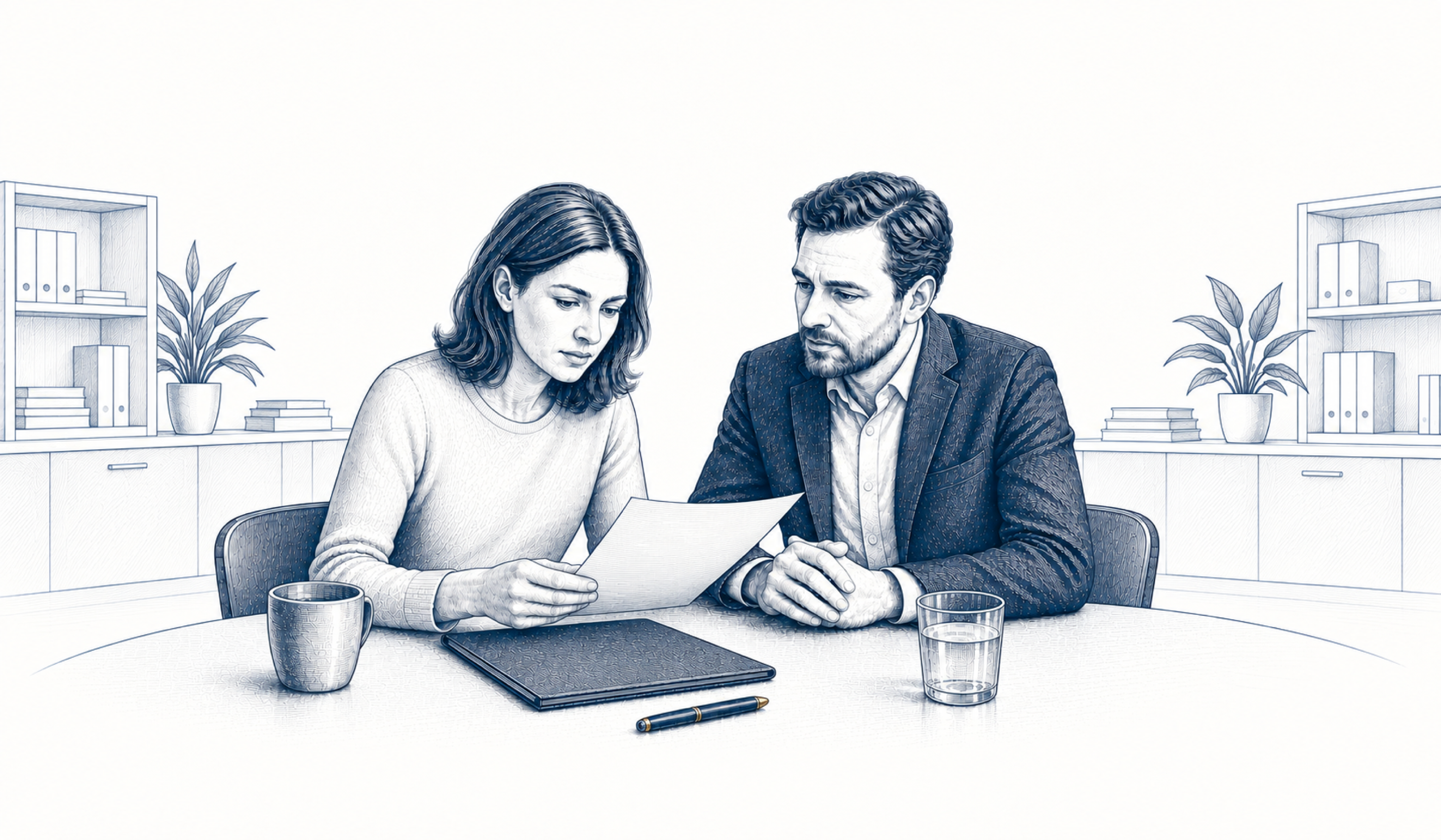 Ein Mann und eine Frau besprechen ein Schreiben am Tisch. Ein Mann und eine Frau besprechen ein Schreiben am Tisch.