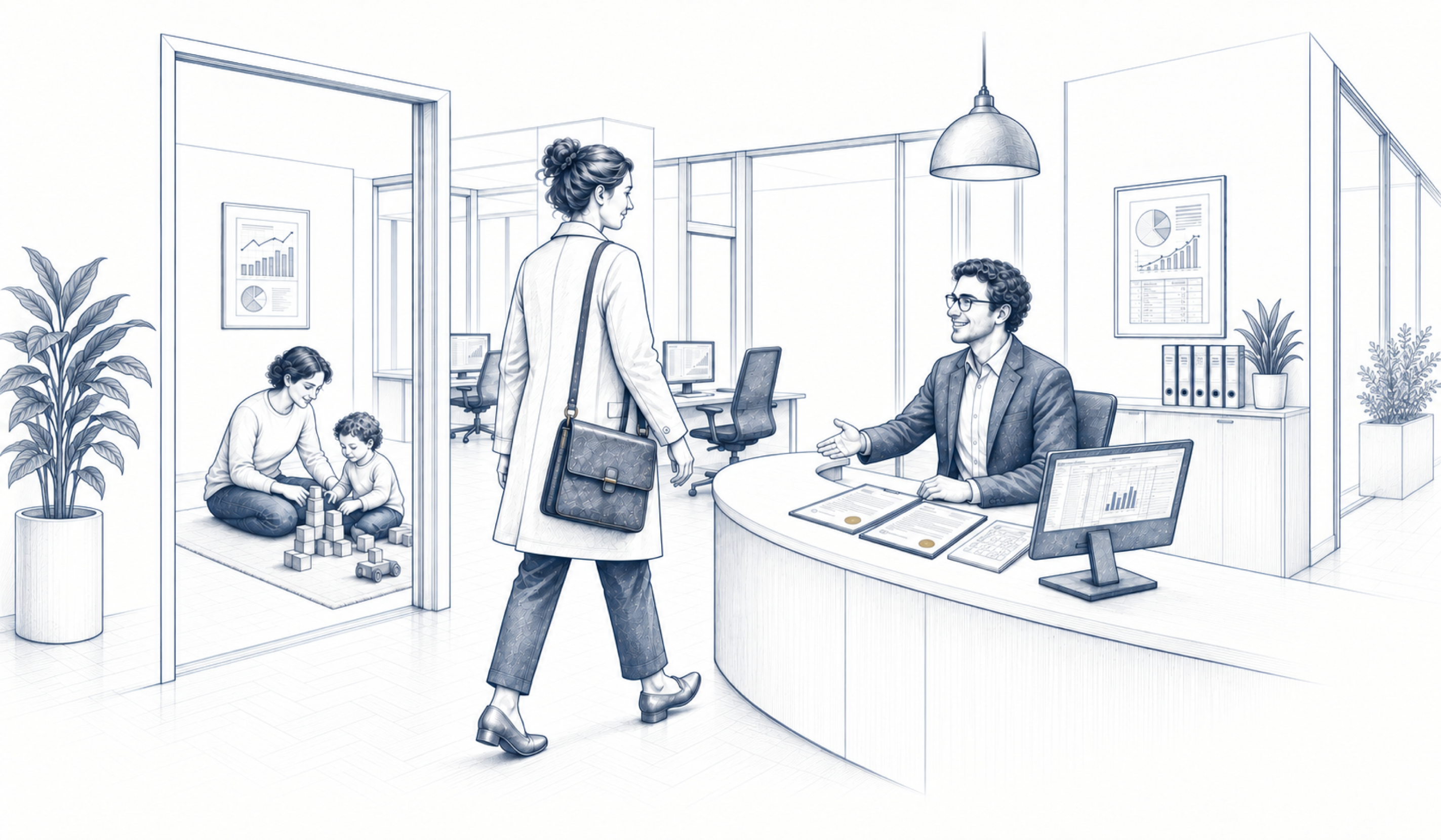 Eine Frau betritt ein Büro; im Hintergrund sitzt ein Erwachsener neben einem Kind.