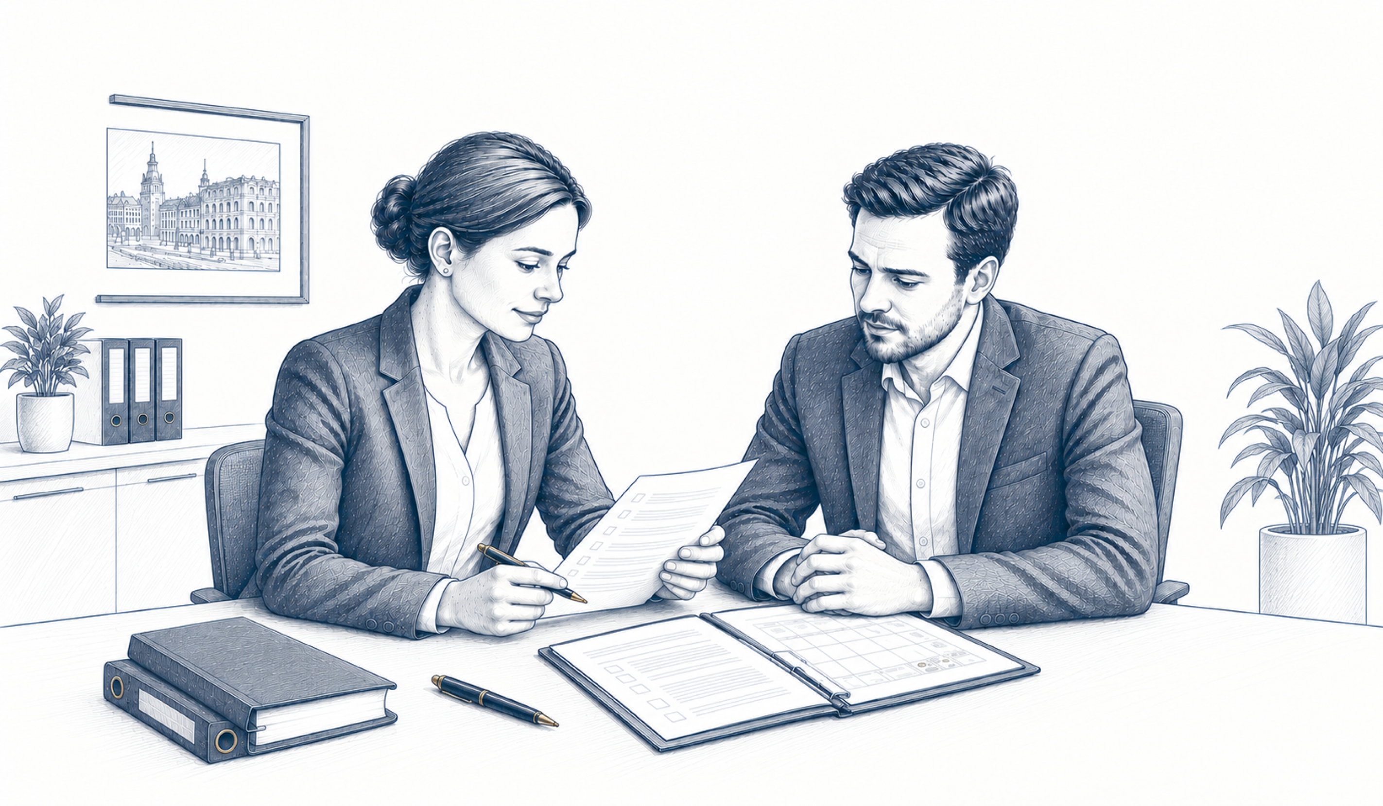 Zwei Personen besprechen Arbeitsunterlagen; vor ihnen liegt eine geöffnete Mappe.