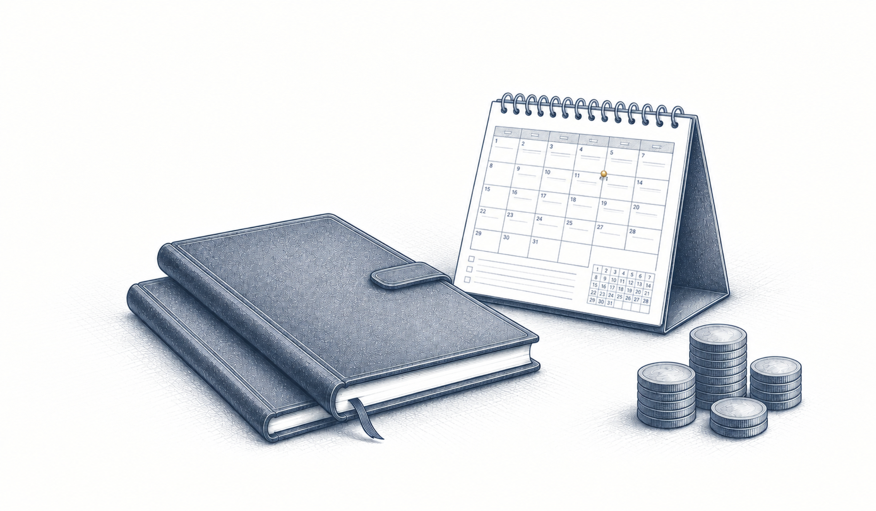 Eine Dokumentenmappe, ein Kalender und unterschiedlich hohe Münzstapel.