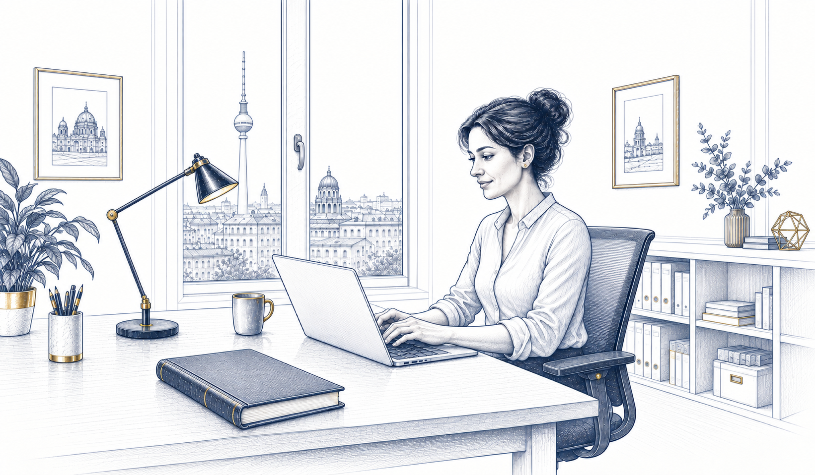 Eine Frau arbeitet am Laptop an einem Schreibtisch zu Hause. Eine Frau arbeitet am Laptop an einem Schreibtisch zu Hause.