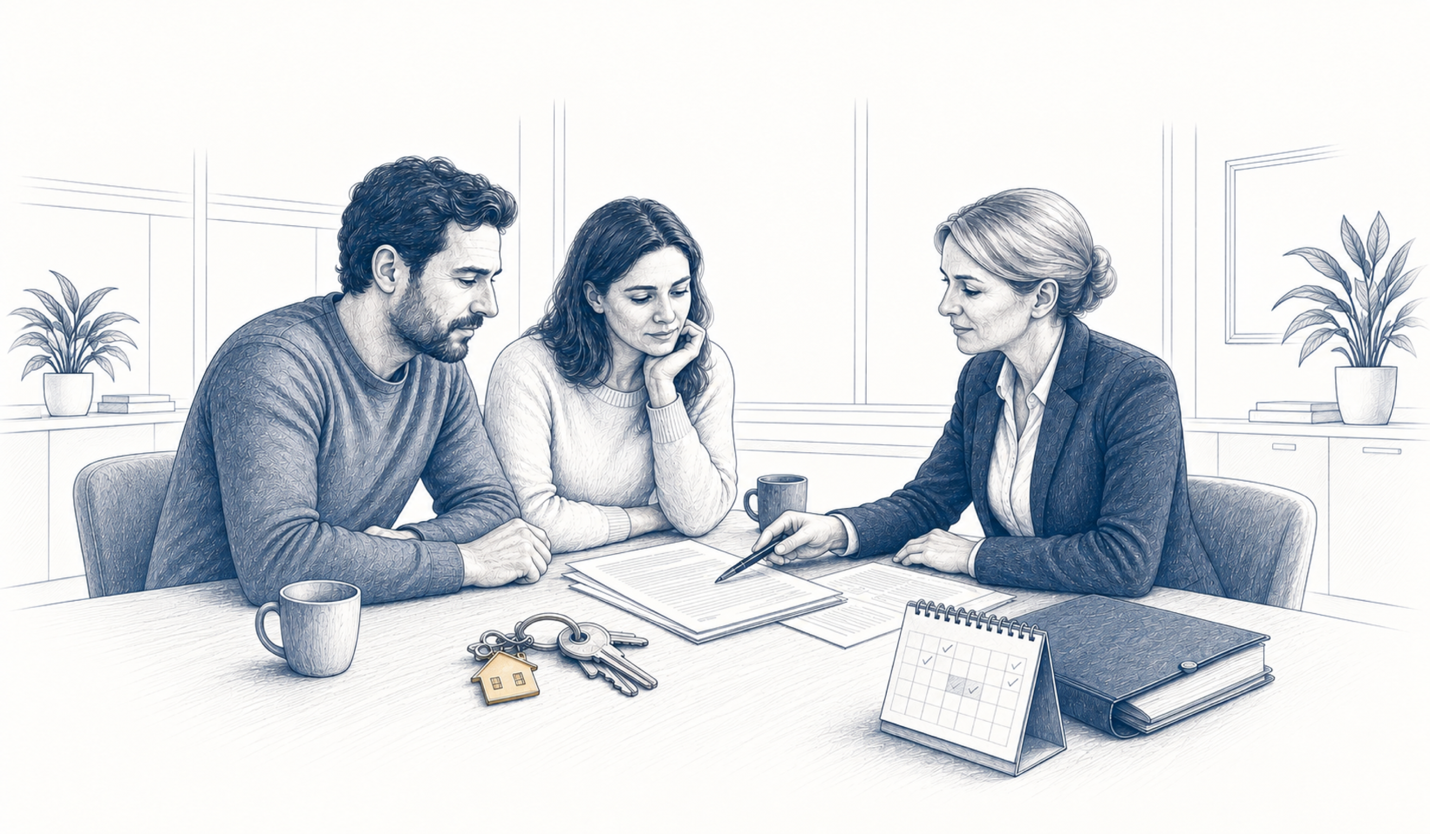 Drei Personen besprechen Unterlagen; auf dem Tisch liegen ein Schlüsselbund und ein Kalender.